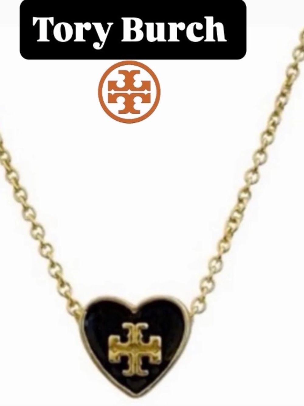 Tory Burch Gold and Black Enamel Heart Logo Necklace NWT